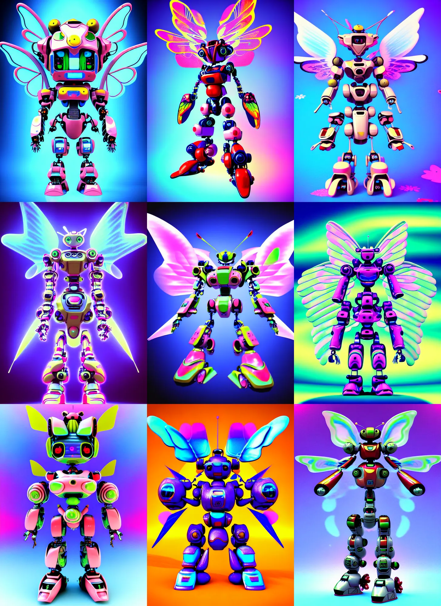 Prompt: 3d render of chibi mech robot by Ichiro Tanida wearing angel wings against a psychedelic swirly background with 3d butterflies and 3d flowers n the style of 1990's CG graphics 3d rendered y2K aesthetic by Ichiro Tanida, 3DO magazine