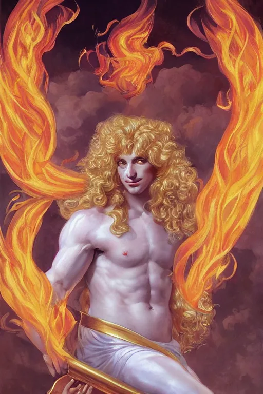 Image similar to Lucius as a demigod of scintillating radiance, long fluffy blond curly hair, wreathed in magnificent flames, oil on canvas, golden hour, artstation, by J. C. Leyendecker and Peter Paul Rubens