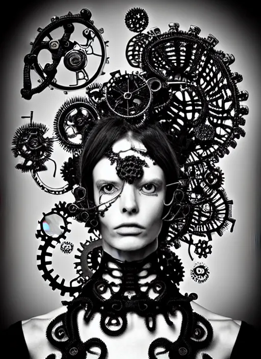 Image similar to surreal black and white photo portrait of complex bio-mechanical beautiful young female vegetal-cyborg with a Mandelbrot fractal steampunk metal fine lace face, a very long neck and a fine metal floral foliage super big lace collar by Alexander McQueen:: high fashion, haute couture, rococo, steampunk, silver filigree details, anatomical, facial muscles, cable wires, microchip, elegant, dreamy, foggy, hyper realistic, 150 mm lens, soft rim light, octane render, unreal engine, picture was taken in 1910 by Dora Maar, volumetric lighting, dramatic light,8k,