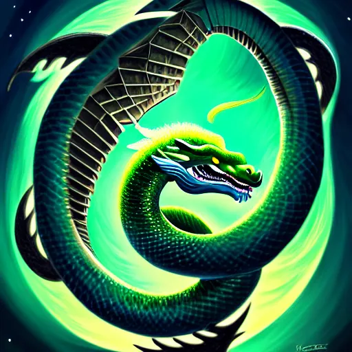 Prompt: illustration of the emerald dragon ouroboros god gaving birth to the universe, epic, masterpiece, digital art, matte painting, bold shapes, hard edges, trending on artstation, by kate irwin