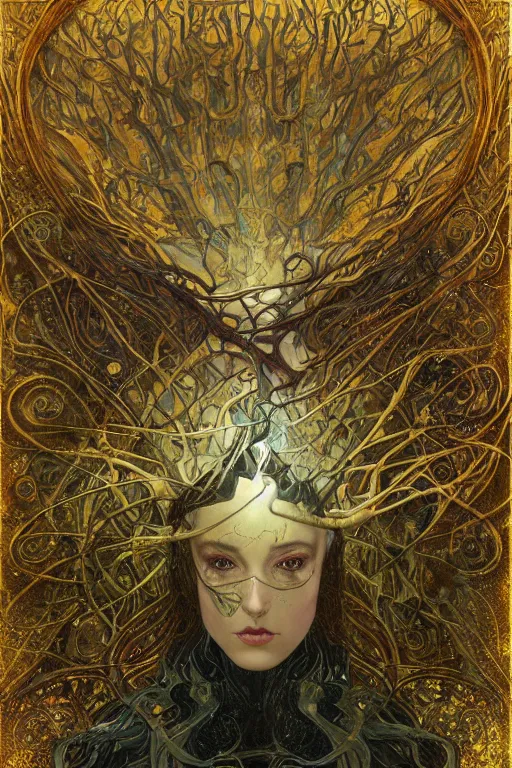 Prompt: Heart of Thorns by Karol Bak, Jean Deville, Gustav Klimt, and Vincent Van Gogh, otherworldly, fractal structures, arcane, prophecy, ornate gilded medieval icon, third eye, spirals