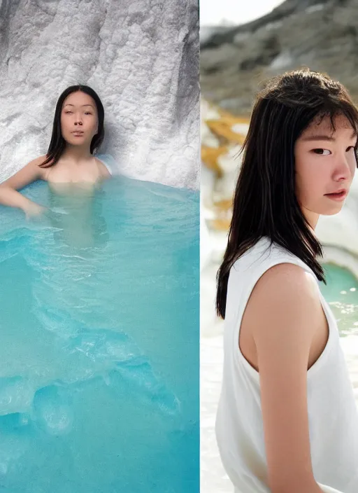 Image similar to Kodak Portra 400, 8K, soft light, volumetric lighting, highly detailed, britt marling style 3/4 ,portrait photo of teen Kasumi Arimura, the face emerges from Pamukkale, thermal waters flowing down white travertine terraces, inspired by Ophelia paint , a beautiful luxurious celestial suit and hair are intricate with highly detailed realistic beautiful flowers , Realistic, Refined, Highly Detailed, interstellar outdoor soft pastel lighting colors scheme, outdoor fine art photography, Hyper realistic, photo realistic