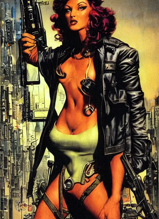 Image similar to cyberpunk mercenary. portrait by clyde caldwell and will eisner and gil elvgren