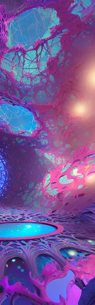 Prompt: a dreamy otherworldly 3 d render of fractal striated portal, pixiv fanbox, dramatic lighting, maximalist pastel color palette, splatter paint, pixar and disney exploded - view drawing, graphic novel by fiona staples and dustin nguyen, peter elson, alan bean, wangechi mutu, clean cel shaded vector art, trending on artstation