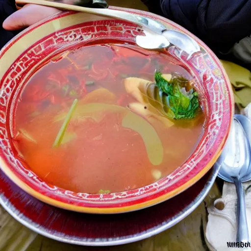 Image similar to Dragon for tales eating russian borsch soup on the Red Square,