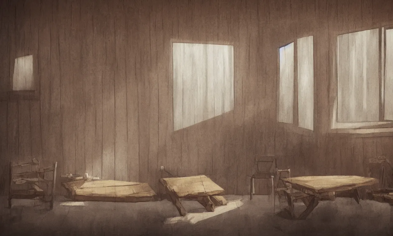 Prompt: A dark room with log walls. Cloudy window illuminates the room casting a soft glow on the floor. Wooden table and a chair by the window, trending on artstation.