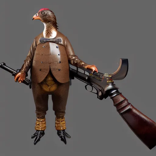 Image similar to a 3 d model of a grouse holding a blunderbuss, studio lighting, octane render, hyper detailed, product photography, 8 k, highly detailed