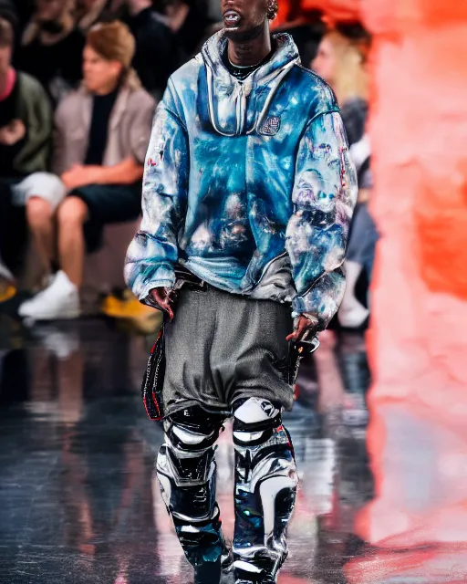 Image similar to hyperrealistic and heavy detailed 2022 poptart balenciaga runway show of travis scott and master chief , Leica SL2 50mm, vivid color, high quality, high textured