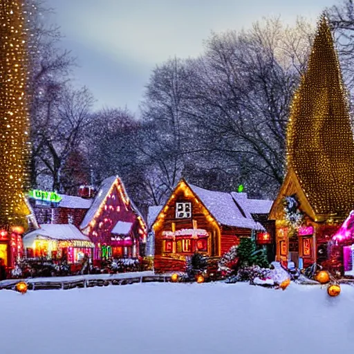 Image similar to Christmas village with snow at night horror atmosphere scary lighting string lights silhouette in the distance photorealistic HDR