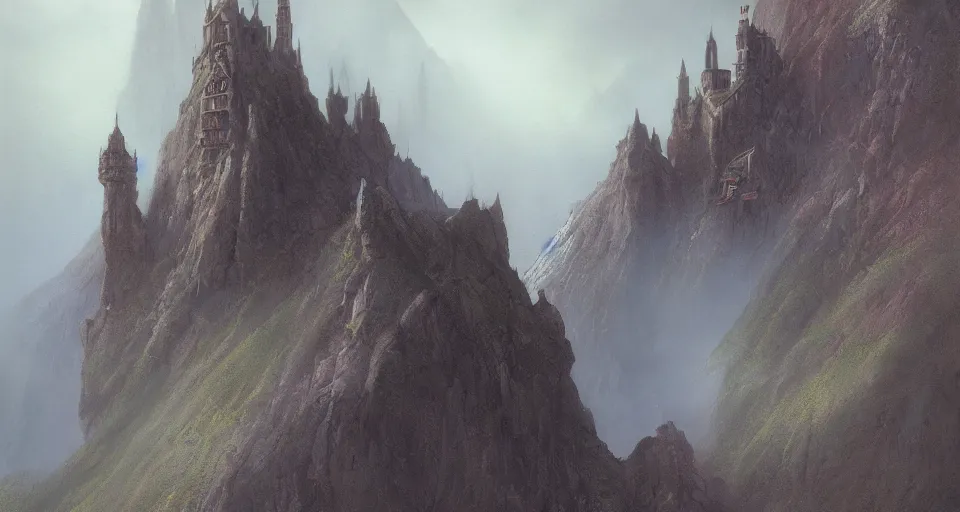 Image similar to castle on a misty mountain by John Howe and Jeff Easley and Craig Mullins, concept art, HD, 8K