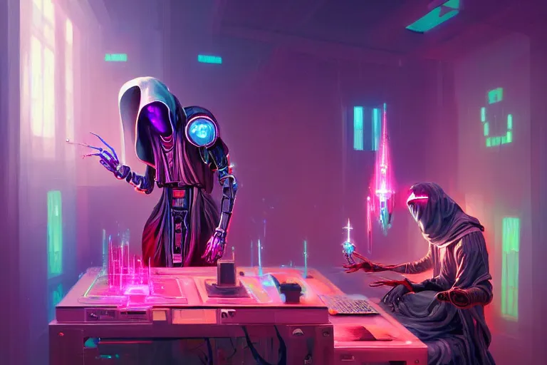 Image similar to a beautiful masterpiece painting of a cybernetic technomancer wizard in robes with pointed hood discussing sentience with 3 of his synthesized AI djinn in his laboratory near a computer by Remedios Varo and Anato Finnstark and Greg Rutkowski, dayglo pink, dayglo blue, dazzle camouflage!, 8k, trending on ArtStation