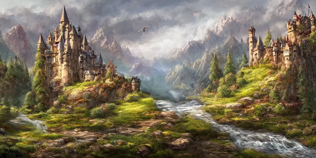 Prompt: a Landscape of Lonely castle in the valley, d&d art, fantasy, painted, 4k, high detail, sharp focus, washed colors, elaborate excellent painted illustration