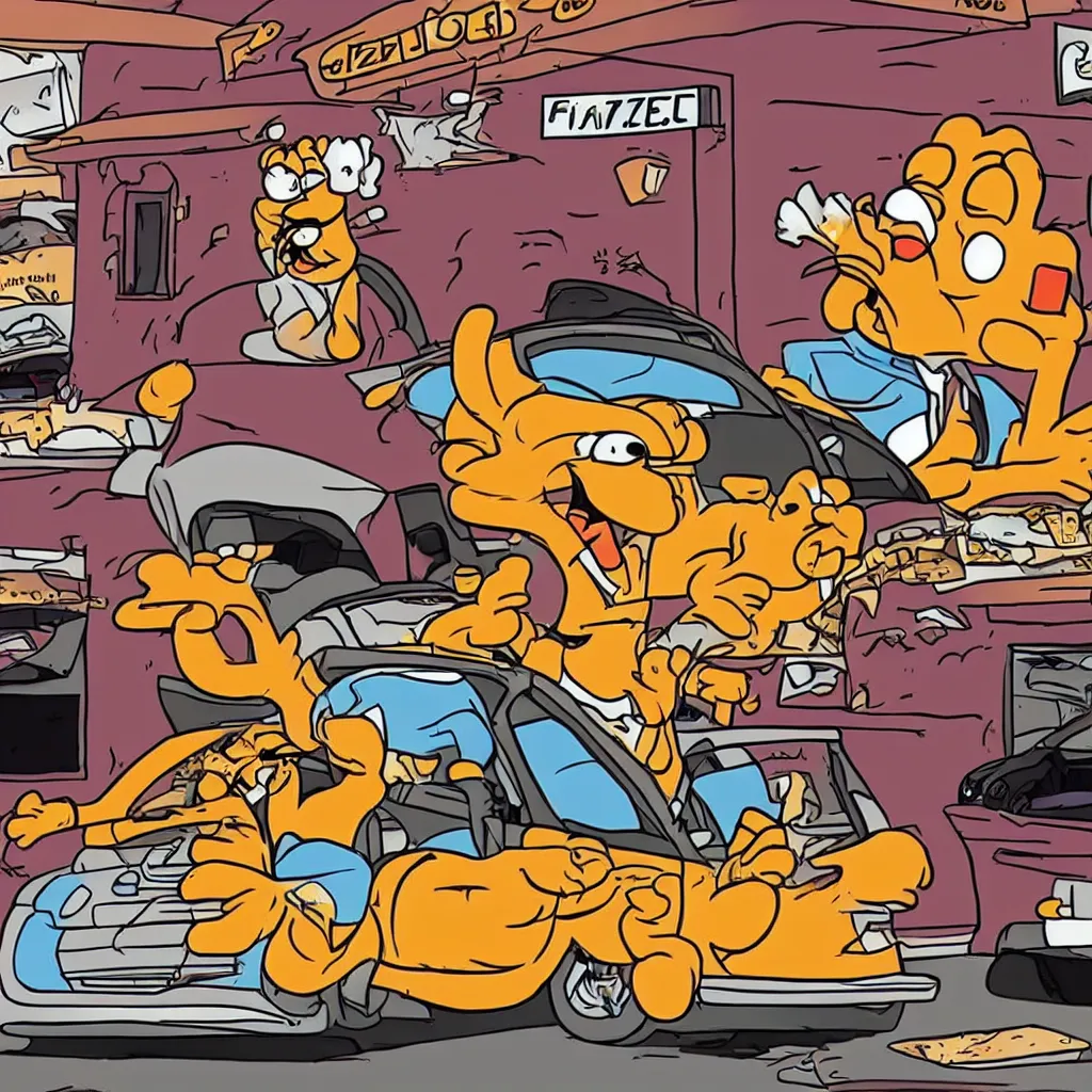 Image similar to garfield crashing a car into a pizzeria