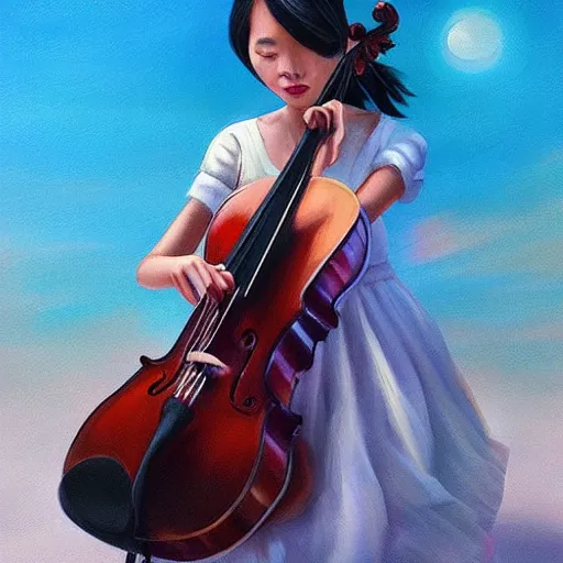 Image similar to a young asian girl in a white slip dress playing a cello in the sun by artgerm.