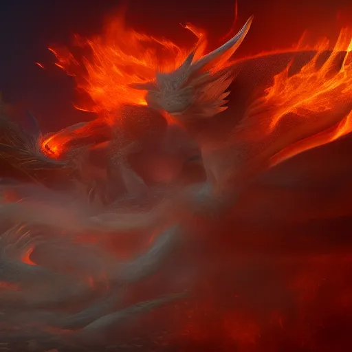 Image similar to female and dragon merging into one, surrounded by fire, water, and ice, cineamic, Unreal Engine, 8K,