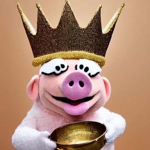 Image similar to pig hiker wearing a gold crown as a Muppet holding a silver platter 8k