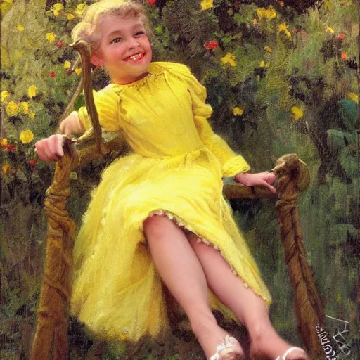 Image similar to a detailed portrait of a real cute girl on swing, wearing a yellow dress, smiling coy, painting by gaston bussiere, craig mullins, j. c. leyendecker, award winning hd photo