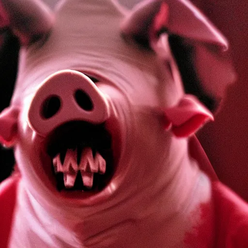 Image similar to creppy 2 0 0 3 photo of a pig masked man screaming in a dark red slaughterhouse