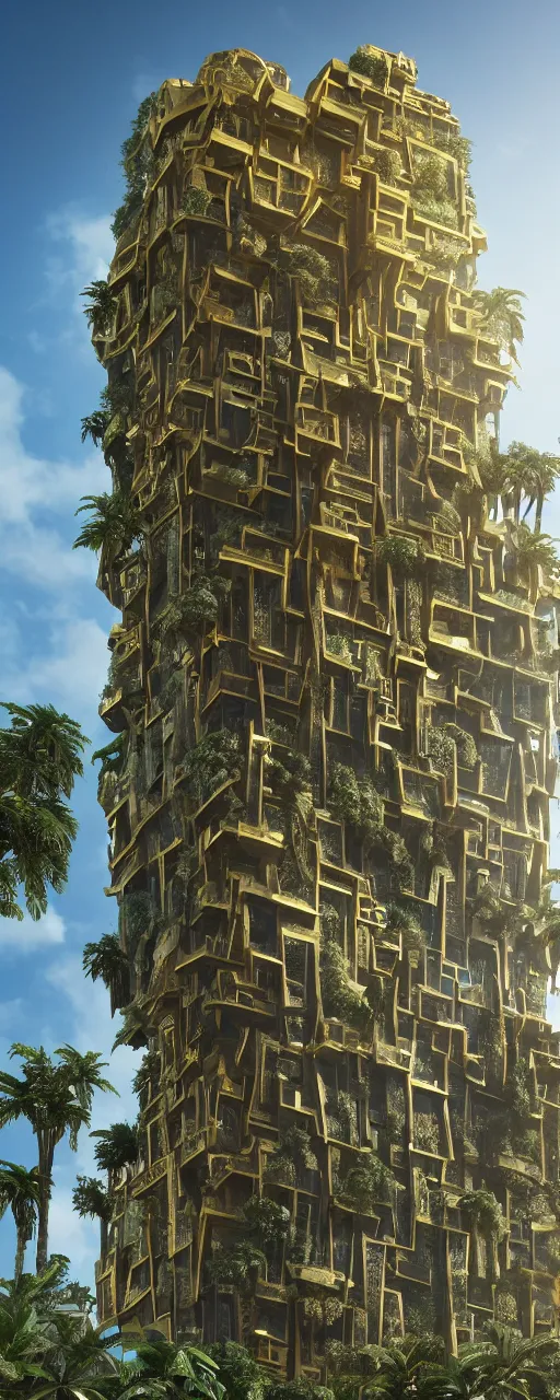 Image similar to epic eye level view of a contemporary tower, golden intricate details, golden facade, sacred architecture, hanging gardens, cascading highrise, arid mountains with lush palm forest, photorealistic, sunlight, 8 k, post - production, octane, cgi, sfx