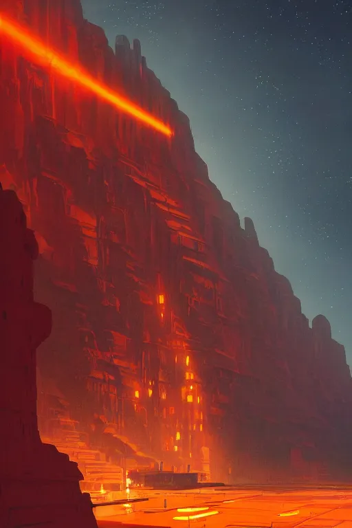 Prompt: traditional temple glowing orange in canyon, lightstreaks and planets in the sky, dramatic lighting, artstation, matte painting, ralph mcquarrie, simon stalenhag