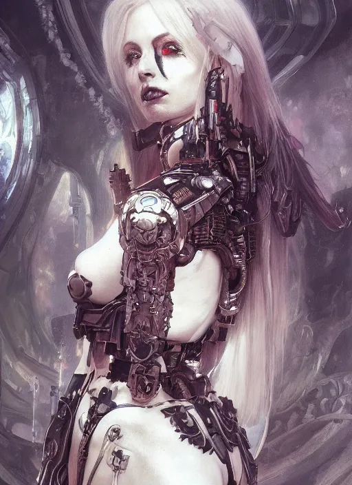 Image similar to portrait of beautiful pale gothic cyborg maiden, warhammer 40000, cyberpunk, intricate, elegant, highly detailed, digital painting, artstation, concept art, smooth, sharp focus, illustration, art by artgerm and greg rutkowski and alphonse mucha and Gustav Klimt