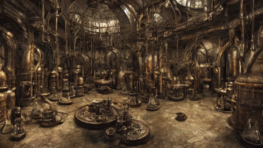 Prompt: dark wizards laboratory, ancient medieval, many tubes connecting many beakers, bronze steril feeling, realistic cinematic lighting, establishing action shot, ultra detailed, hyper realism, photo, octane render