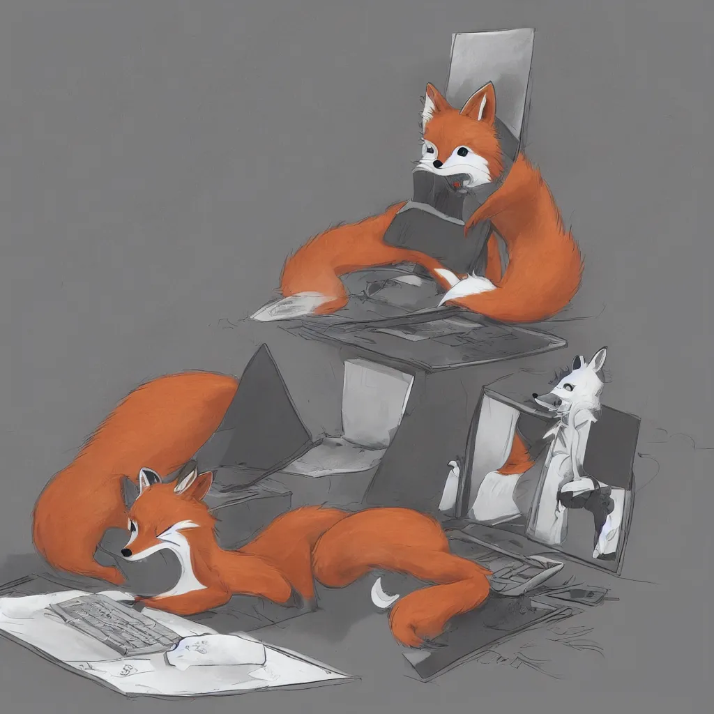 Image similar to an anthropomorphic fox in a hoodie sitting in front of a portable black computer, concept art, digital art, highly detailed, anime, by hayao miyazaki