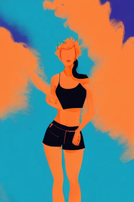 Image similar to a award winning half body portrait of a beautiful caucasian woman in a croptop and cargo pants with ombre orange blue teal hairstyle with head in motion and hair flying by will eisner, outrun, vaporware, digital art, trending on artstation, highly detailed, fine detail, intricate