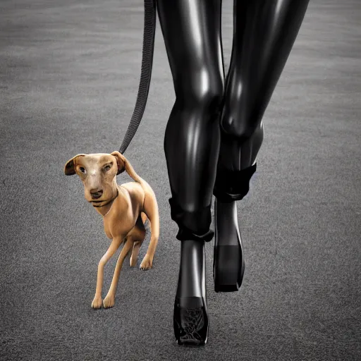Image similar to ultra mega super hyper realistic Full lenght view contemporary art photography of highly detailed woman with highly detailed face walking with a highly detailed dog . Photo on Leica Q2 Camera lens angle 200mm, Rendered in VRAY and DaVinci Resolve and MAXWELL and LUMION 3D, Volumetric natural light