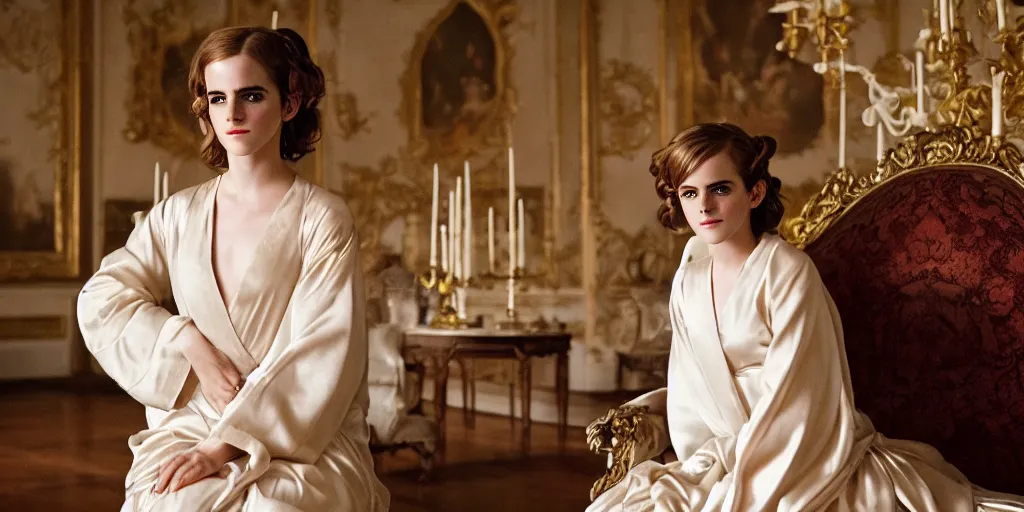 Prompt: portrait Emma Watson flowing silk robes baroque room cinematic lighting Stanley Kubrick Barry Lyndon canon 5d mk4