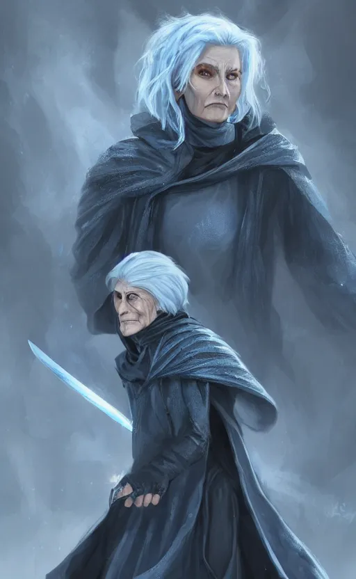 Image similar to an older woman with silver hair and piercing blue eyes. she's wearing a dark, hooded cloak and looks like she knows her way around a sword, dynamic lighting, photorealistic fantasy concept art, trending on art station, stunning visuals, creative, cinematic, ultra detailed