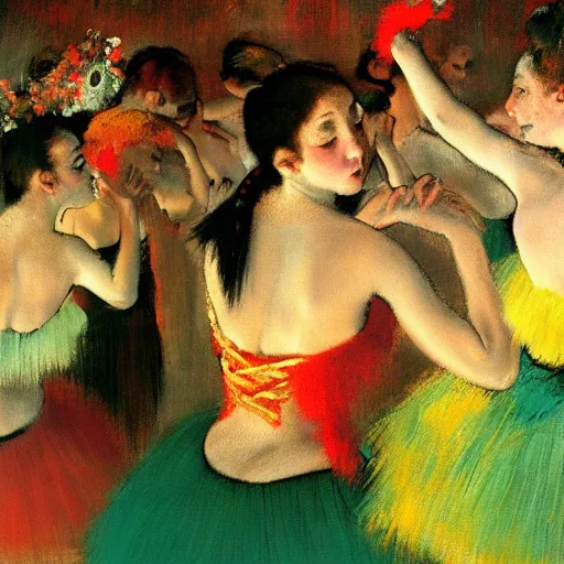Image similar to latin dance band in the style of degas. lively. colorful. hd.