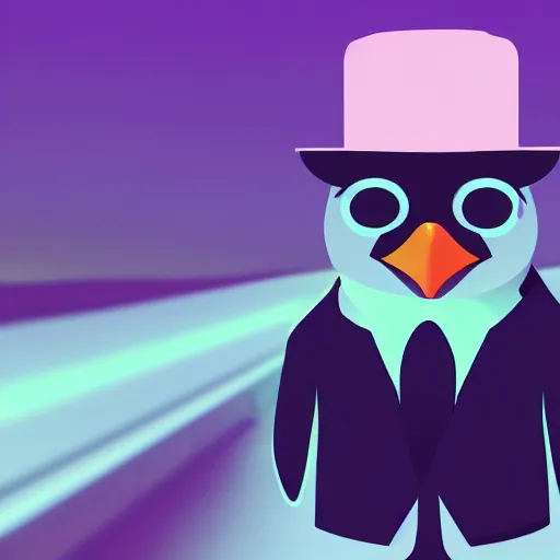 Prompt: penguin headed businessman, portrait, vaporwave, synthwave, neon, vector graphics, cinematic, volumetric lighting, f 8 aperture, cinematic eastman 5 3 8 4 film, photorealistic