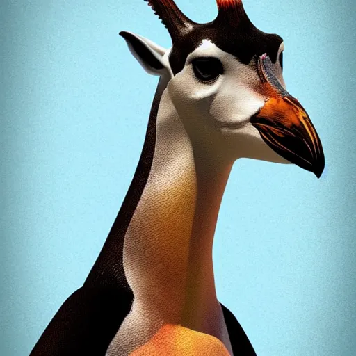 Image similar to a character design of a mix hybdrid between a penguin body, a giraffe neck, hyperdetailed mix, photomanipulation