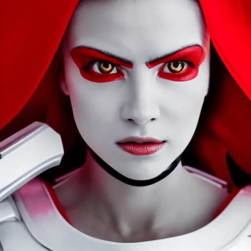 Image similar to headshot of an beautiful female soldier in glossy sleek white armor with tiny red details and a long red cape, downward angle, determined expression, on the surface of mars, night time, dramatic lighting, cinematic, sci-fi, hyperrealistic