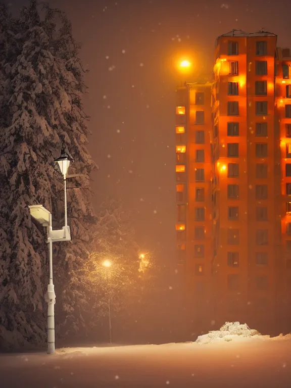 Prompt: product shoot of a snow globe of tiny soviet residential building, lights are on in the windows, cozy atmosphere, fog, cold winter, snowing, streetlamps with orange volumetric light, birches