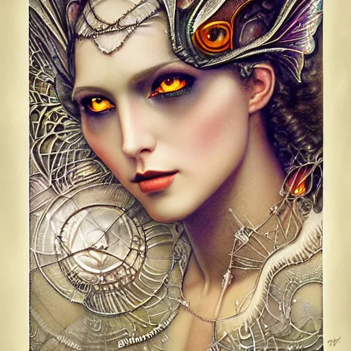 Prompt: beautiful closeup portrait of an art deco faerie queen, glowing eyes. reflective detailed textures, moth wings, highly detailed dark fantasy science fiction painting by tom bagshaw and diego rivera and annie swynnerton and jean delville, elaborate geometric ornament, ancient runes, silver and cool colors. artstation