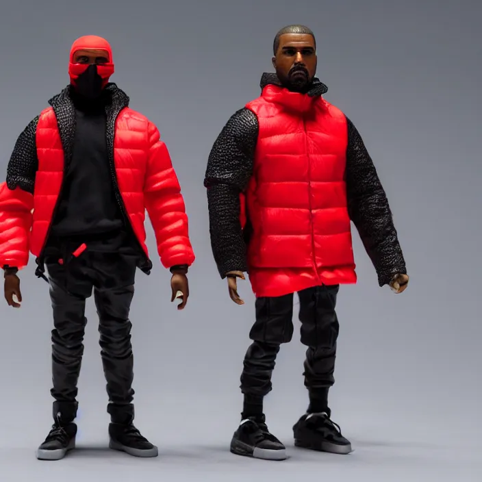 Image similar to a action figure of kanye west using full face - covering black mask with small holes. a small, tight, undersized reflective bright red round puffer jacket made of nylon. a shirt underneath. red nylon reflective pants. a pair of red shoes, figurine, detailed product photo, 4 k, realistic, acton figure, studio lighting, professional photo