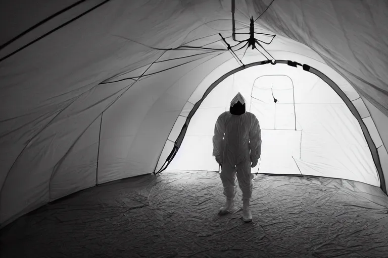 Image similar to man wearing hazmat suit in clean tent. by Roger Deakins