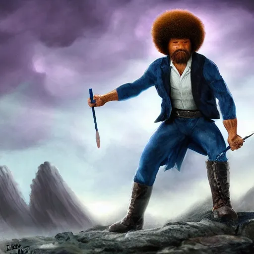 Prompt: bob ross dressed as a superhero, standing on rocky ground, angry expression, detailed face, lightning behind, dark background, action pose, holding a paintbrush, ultra - detailed, ultra - detailed, intricate, detailed shadows and textures, 8 k, action pose, digital art