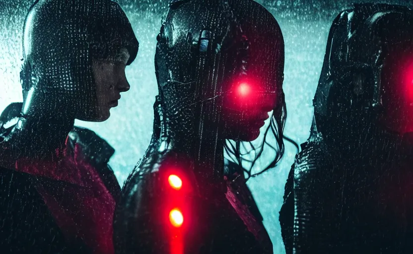 Image similar to cinestill 5 0 d candid photographic portrait by christopher nolan of two loving female androids wearing rugged black mesh techwear in treacherous waters, extreme closeup, modern cyberpunk moody emotional cinematic, pouring rain menacing red spotlight, 8 k, hd, high resolution, 3 5 mm, f / 3 2, ultra realistic faces, ex machina