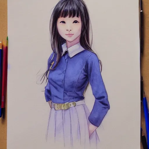 Image similar to a perfect, realistic professional digital sketch of a Korean schoolgirl posing, in style of Marvel, full length, by pen and watercolor, by a professional American senior artist on ArtStation, a high-quality hollywood-style sketch, on high-quality paper