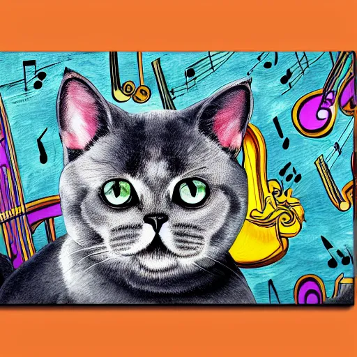 Prompt: grey british shorthair cat playing the piano, surrounded by musical notes, colorful detailed painting in the style of josephone wall 4 k