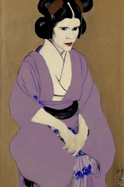 Prompt: princess leia as a geisha, full - figure oil painting by james mcneill whistler, brush strokes