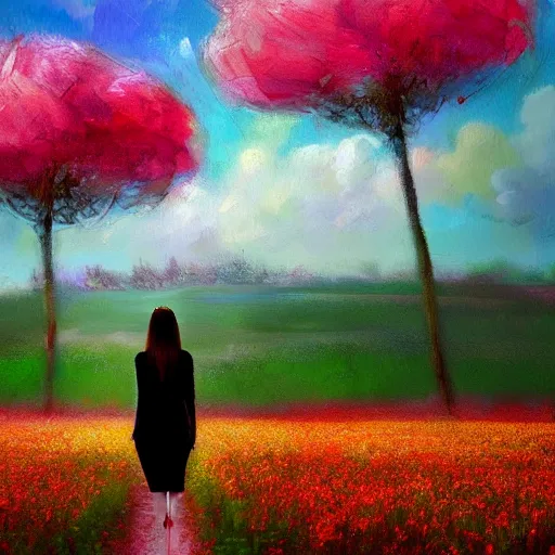 Image similar to woman standing in flower field, mattepainting, artstation, impressionism, big flower on shoulders