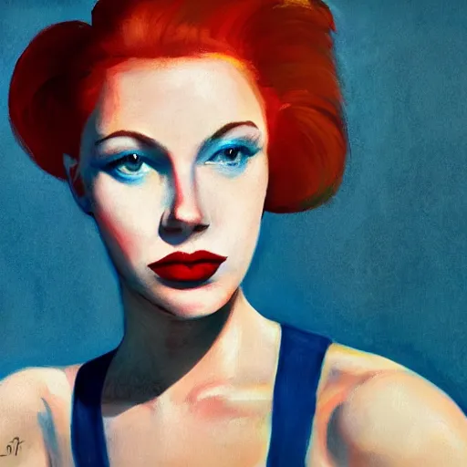 Image similar to Female model, red hair, coral lips, blue shadow, Edward Hopper style