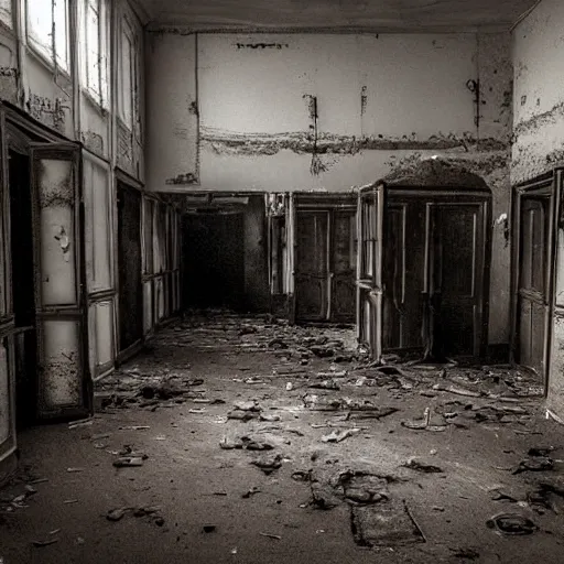 Prompt: the backrooms, the eerie forlorn atmosphere of a place that's usually bustling with people but is now abandoned and quiet