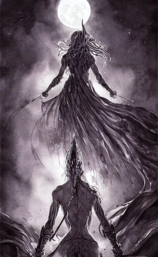 Image similar to book cover art, female dark witch from behind in front of the full big moon, watercolor, dramatic lighting, cinematic, establishing shot, extremely high detail, foto realistic, cinematic lighting, pen and ink, intricate line drawings, by Yoshitaka Amano, Ruan Jia, Kentaro Miura, Artgerm, post processed, concept art, artstation, matte painting, style by eddie mendoza, raphael lacoste, alex ross