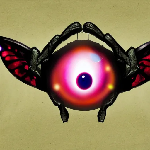 Prompt: A creature shaped like a nail with butterfly wings and a single eye in the centre, speculative biology, colorful, Christian Cline, Alex Ries, digital art