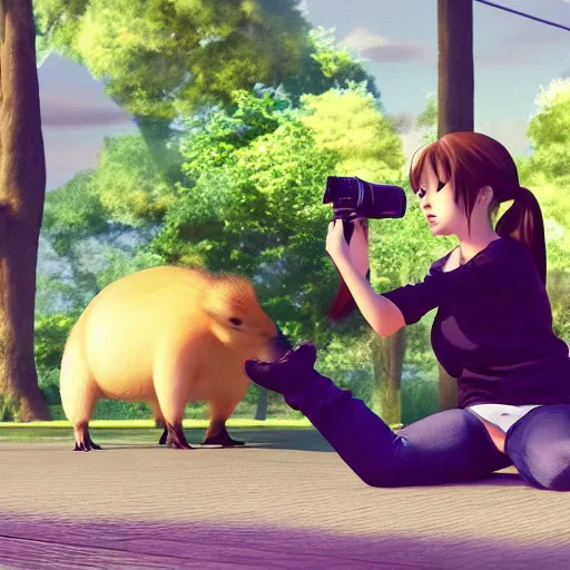 Image similar to anime girl with a camera filming a breakdancing capybara, vray